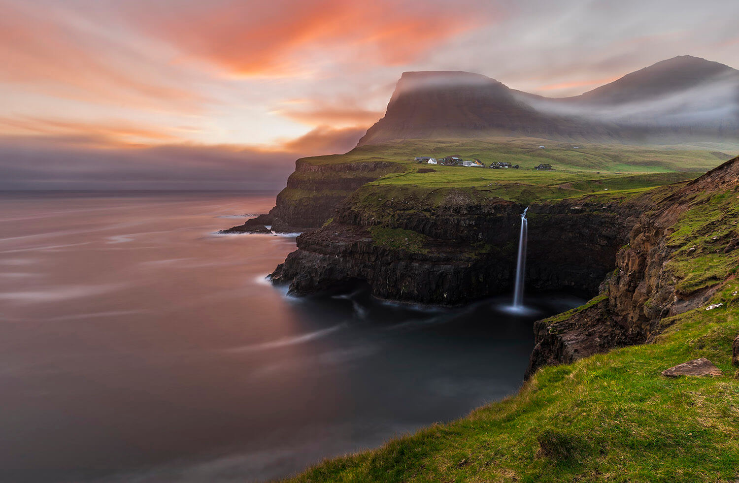 Gásadalur village and Múlafossur waterfall, Vágar, Faroe Islands