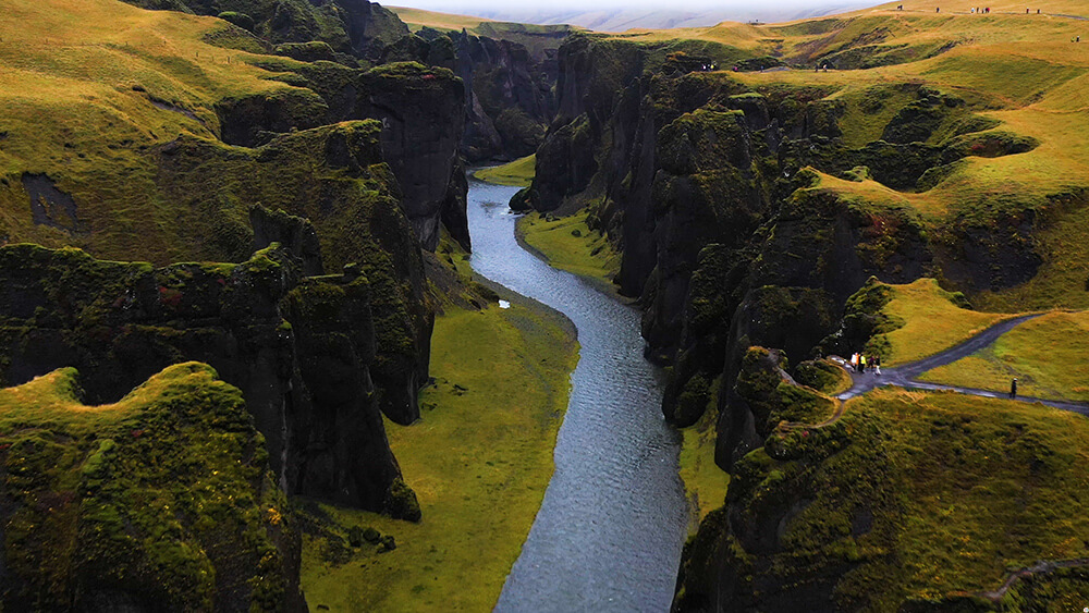 Fjaðrárgljúfur Canyon in the South Coast of Iceland, Drone View