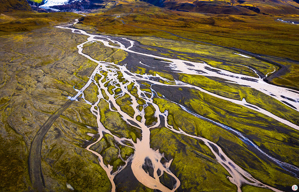 Network of rivers from Vatnajökull, drone view, South Iceland