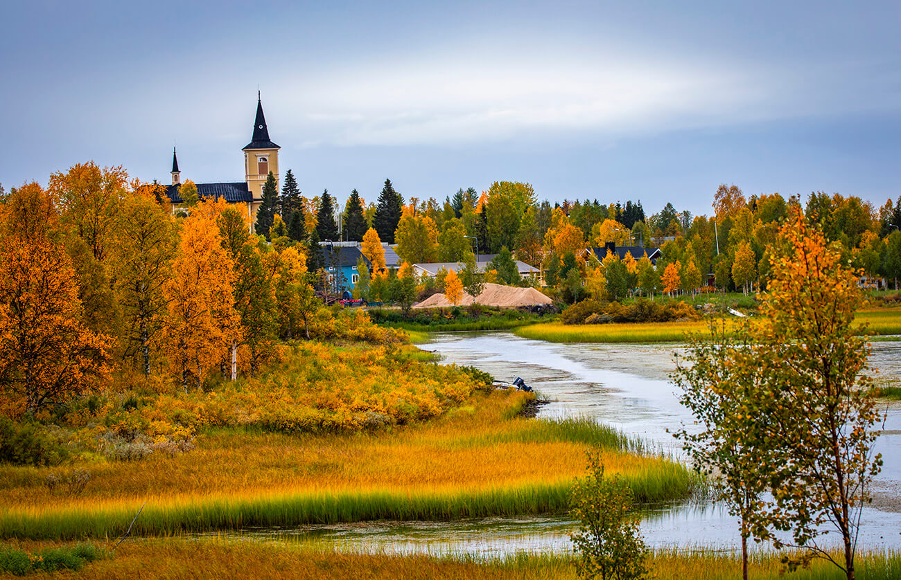 Muonio church and autumn colors, Lapland, Finland