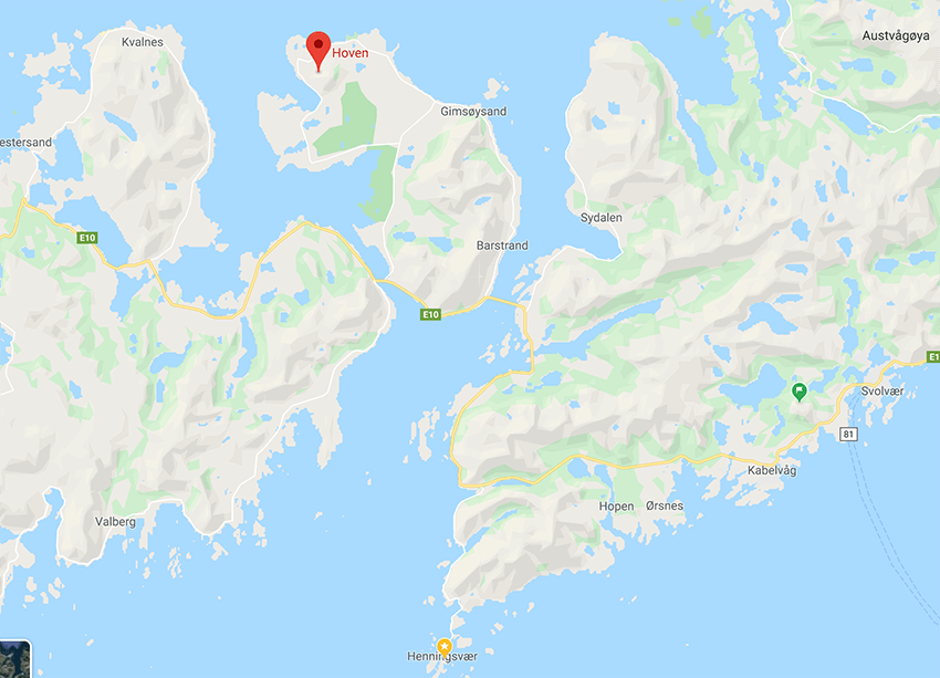 Gimsøya and Hoven Mountain Peak on Google Maps, Lofoten, Northern Norway