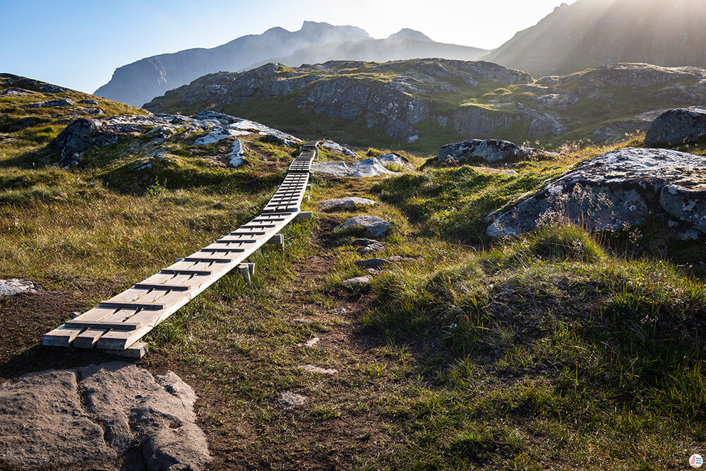 Wooden path at Ryten hiking trail, Moskenesøya, Lofoten, Norway