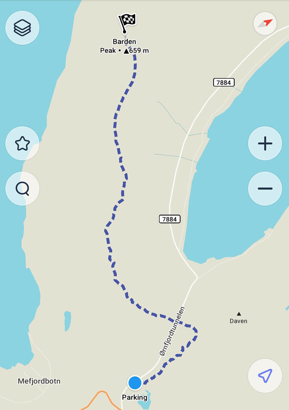 Barden hiking trail map, Senja, Northern Norway
