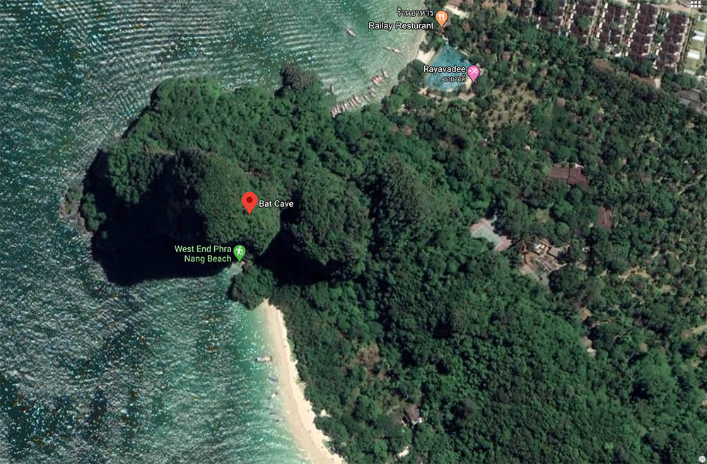 Map of The Bat Cave on West Phra Nang Beach, Best Viewpoints to Hike and Photograph in Krabi, Thailand